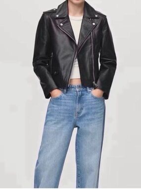 Mango Black Leather Moto Jacket with Silver Hardware